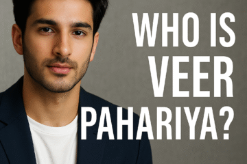 Portrait of a young Indian man with tousled hair in a blazer, titled ‘Who is Veer Pahariya?