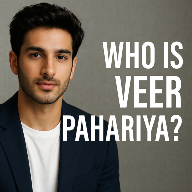 Portrait of a young Indian man with tousled hair in a blazer, titled ‘Who is Veer Pahariya?