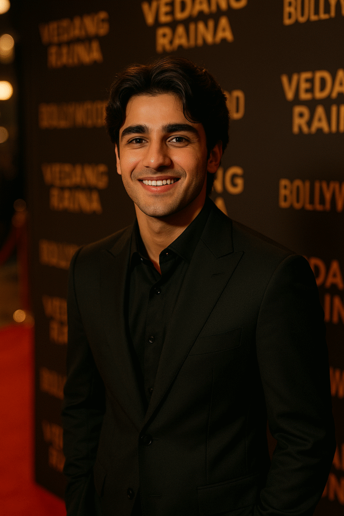 Vedang Raina posing in a black suit at a Bollywood red carpet event