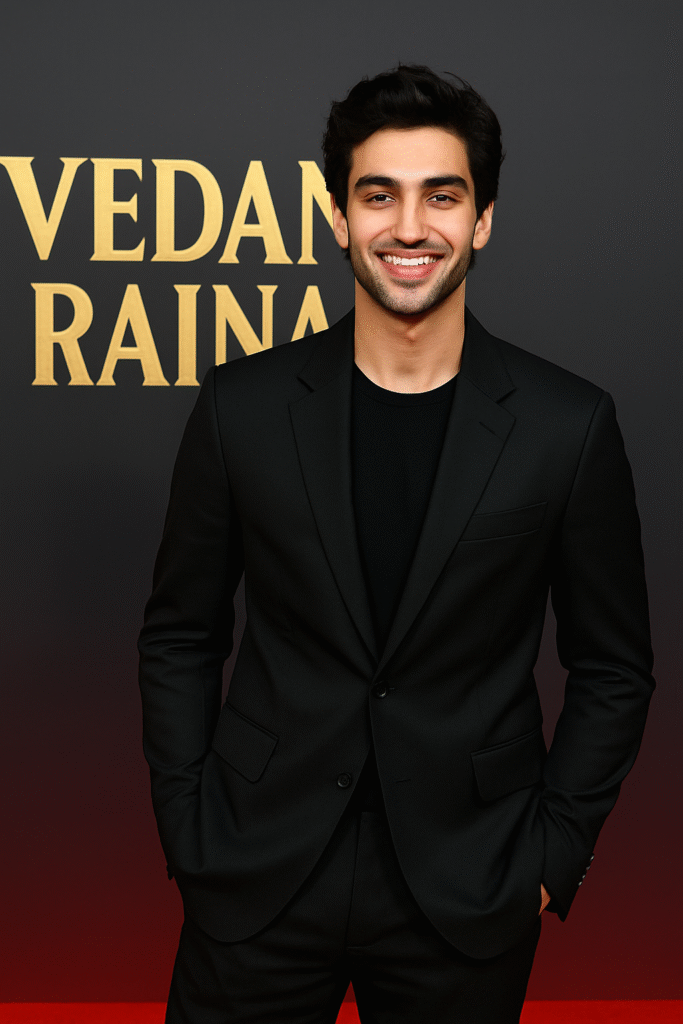 Vedang Raina posing in a black suit at a Bollywood red carpet event
