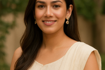 Mira Rajput smiling outdoors in a cream-colored kurta with a dupatta, wearing gold earrings, standing against a blurred green background.