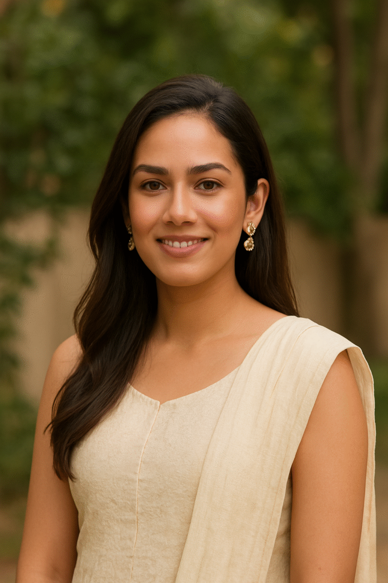 Mira Rajput smiling outdoors in a cream-colored kurta with a dupatta, wearing gold earrings, standing against a blurred green background.