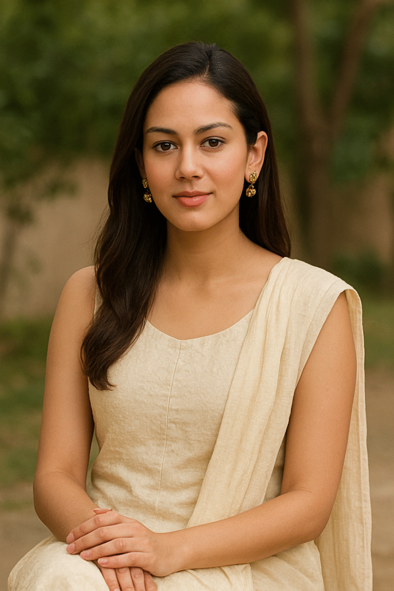 Mira Rajput sitting outdoors in a cream-colored kurta with a dupatta, wearing gold jhumka earrings, looking graceful with folded hands and a calm expression