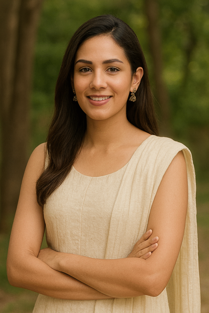 Mira Rajput sitting outdoors in a cream-colored kurta with a dupatta, wearing gold jhumka earrings, looking graceful with folded hands and a calm expression